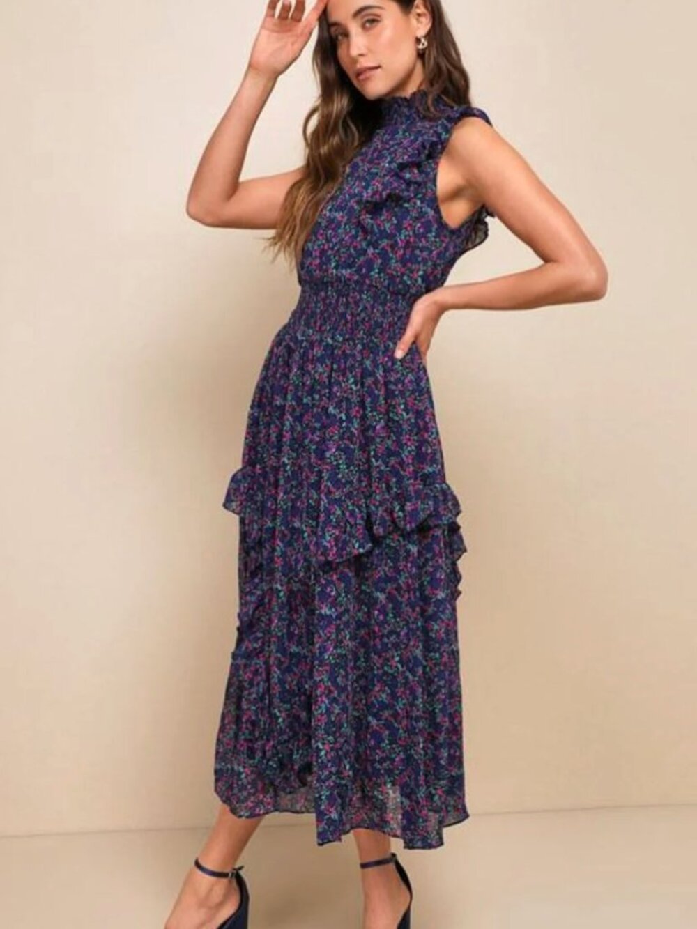 Lulus Evalina Navy Blue Floral Print Mock Neck Midi Dres,  L